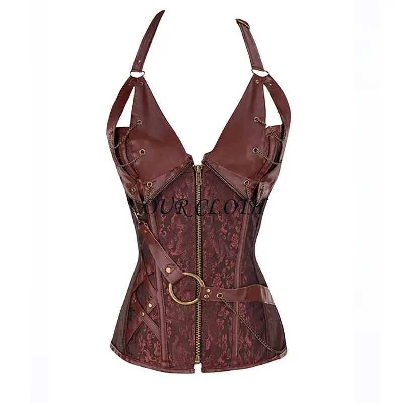 Women's Halloween Punk Rock Faux Leather Corset Bustier Basque Y1AC