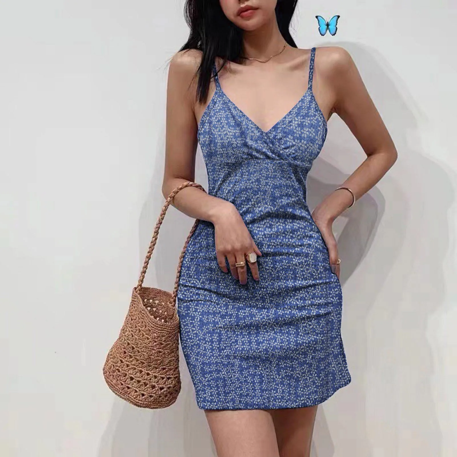 

Women's Bohemian Printed Sundress Summer Casual Dress V Neck Sleeveless Suspenders Slim Fit Wrap Buttocks Dresses For Female