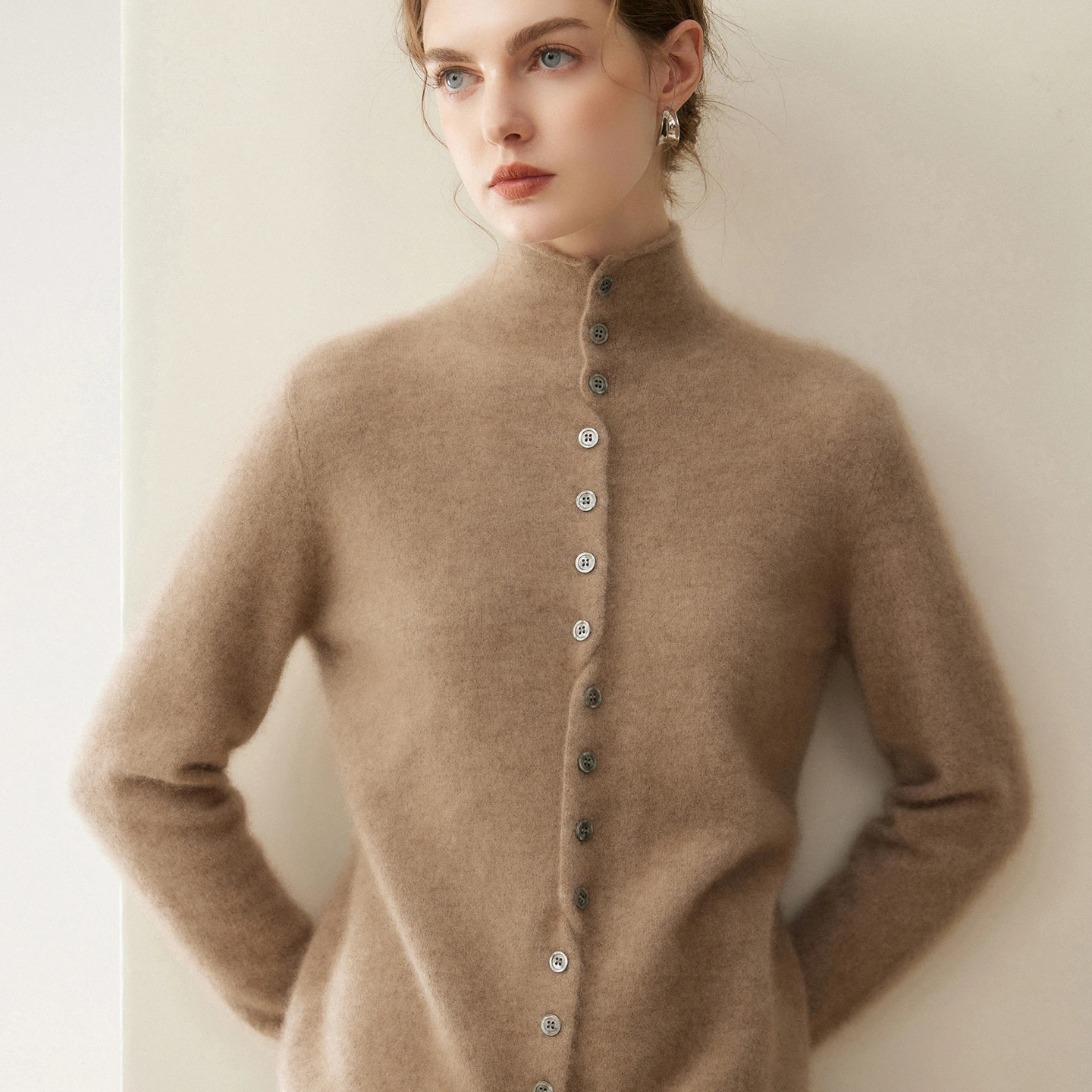 Women' Curled Turtleneck Knitwear 100%Pure Goat Cashmere Cardigan Fashion Single-Breasted Loose Blouse 2026High-Quality Clothing