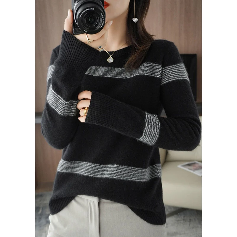 Autumn Winter Elegant Fashion Patchwork Warm Sweater Lady Long Sleeve All-match Jumper Knitting Top Women Loose Casual Pullover