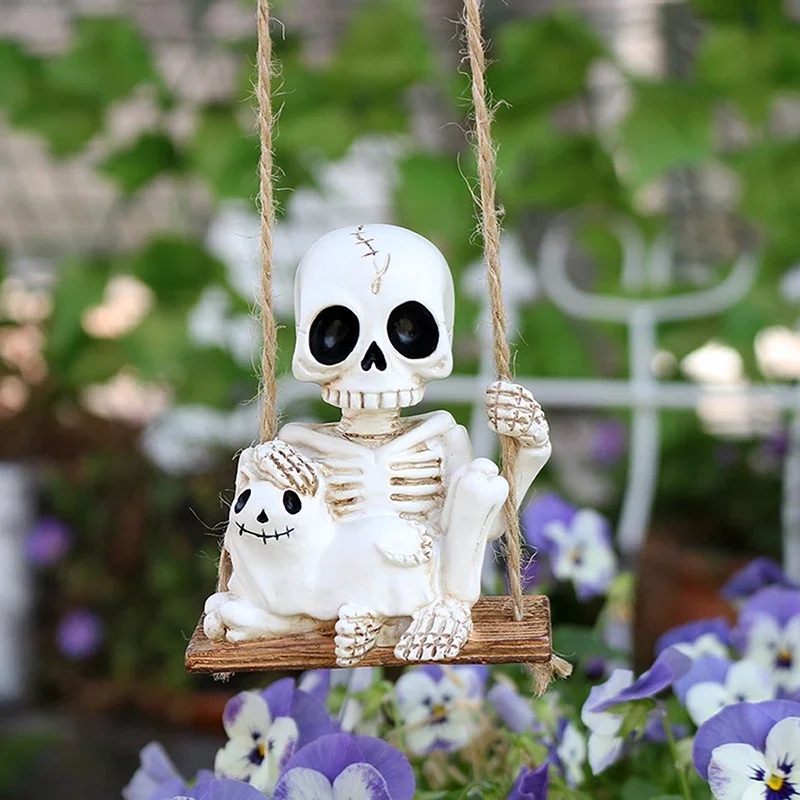 3/5 pcs Halloween Swing Skeleton Holding Ghost Cat Statue Spooky Skull Hanging Garden Balcony Home Party Decor Gift