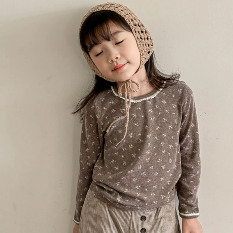 Autumn Kids Floral Print T-Shirt for Girls Short Sleeve Crew Neck White Lace Trim Collar & Cuffs Cotton Blend Fresh Style Top