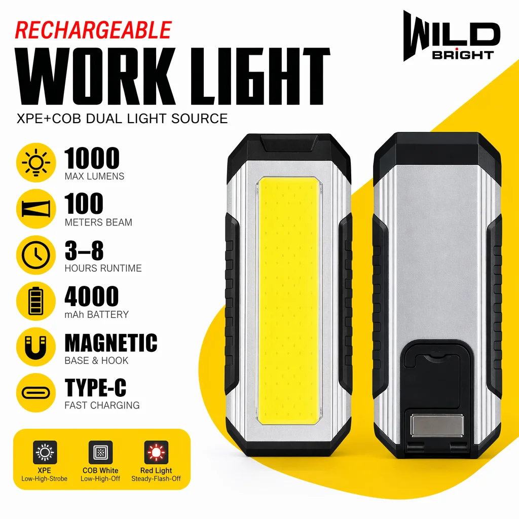 1200LM LED Work Light, COB Magnetic Inspection Light, 4000mAh USB Rechargeable, 7 Modes Portable for Car Repair & Emergency