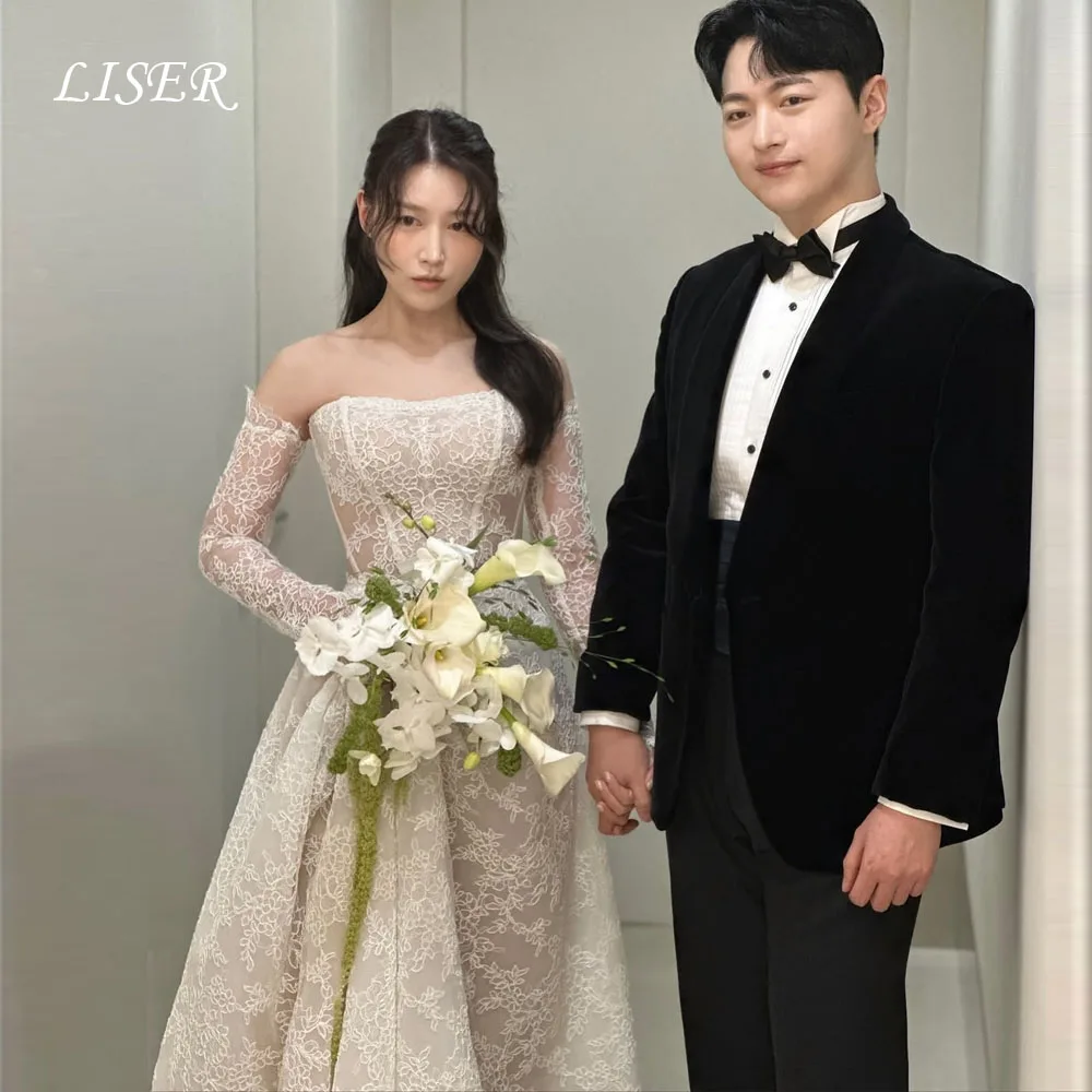 Liser Strapless A-Line Full Sleeves Korea Wedding Dresses Photo Shoot Silk Tulle Elegant Bridal Gowns 웨딩드레스 Customized