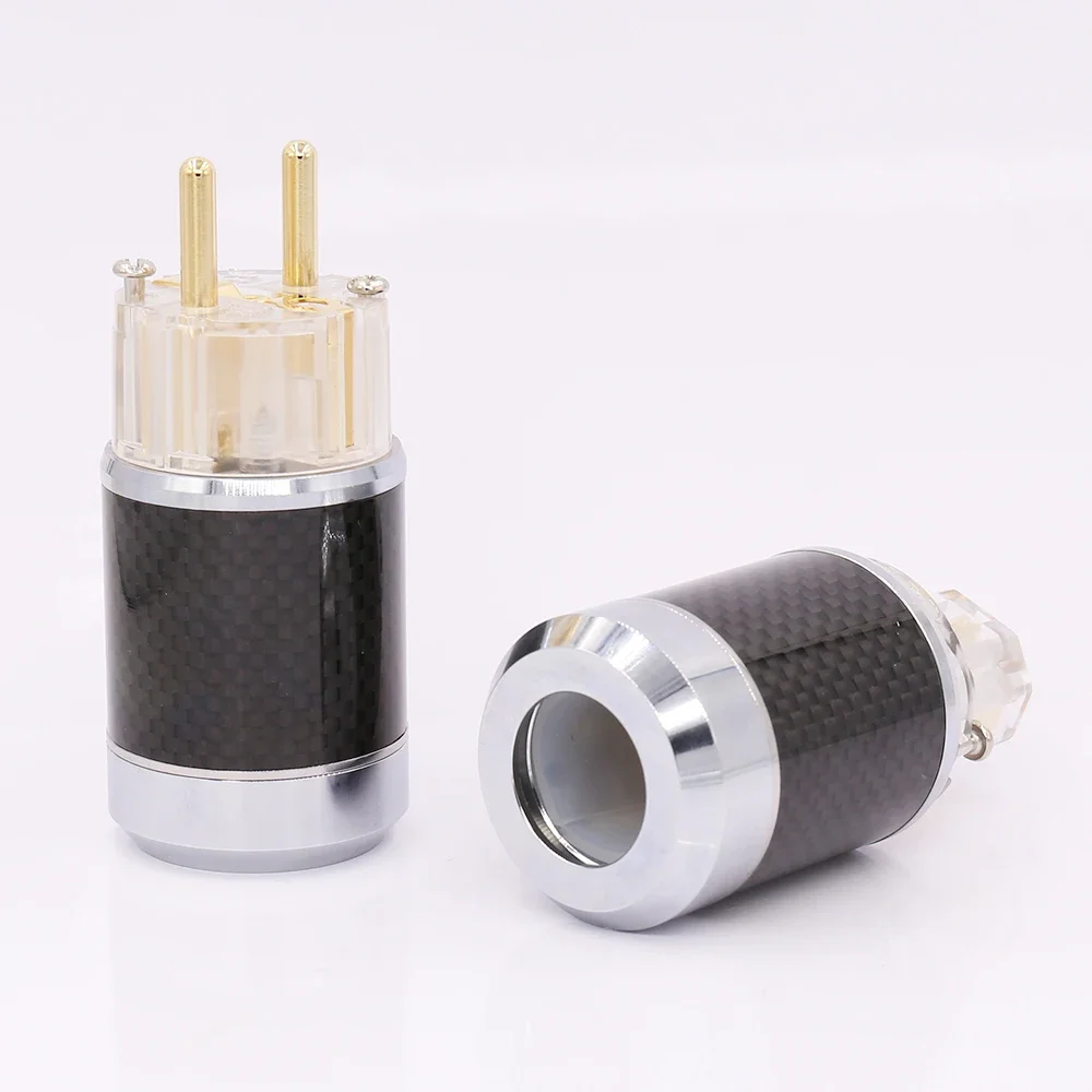 Pair Carbon Fiber Gold Plated EU Schuko Male Plug IEC Female Connector DIY Mains Power Cable