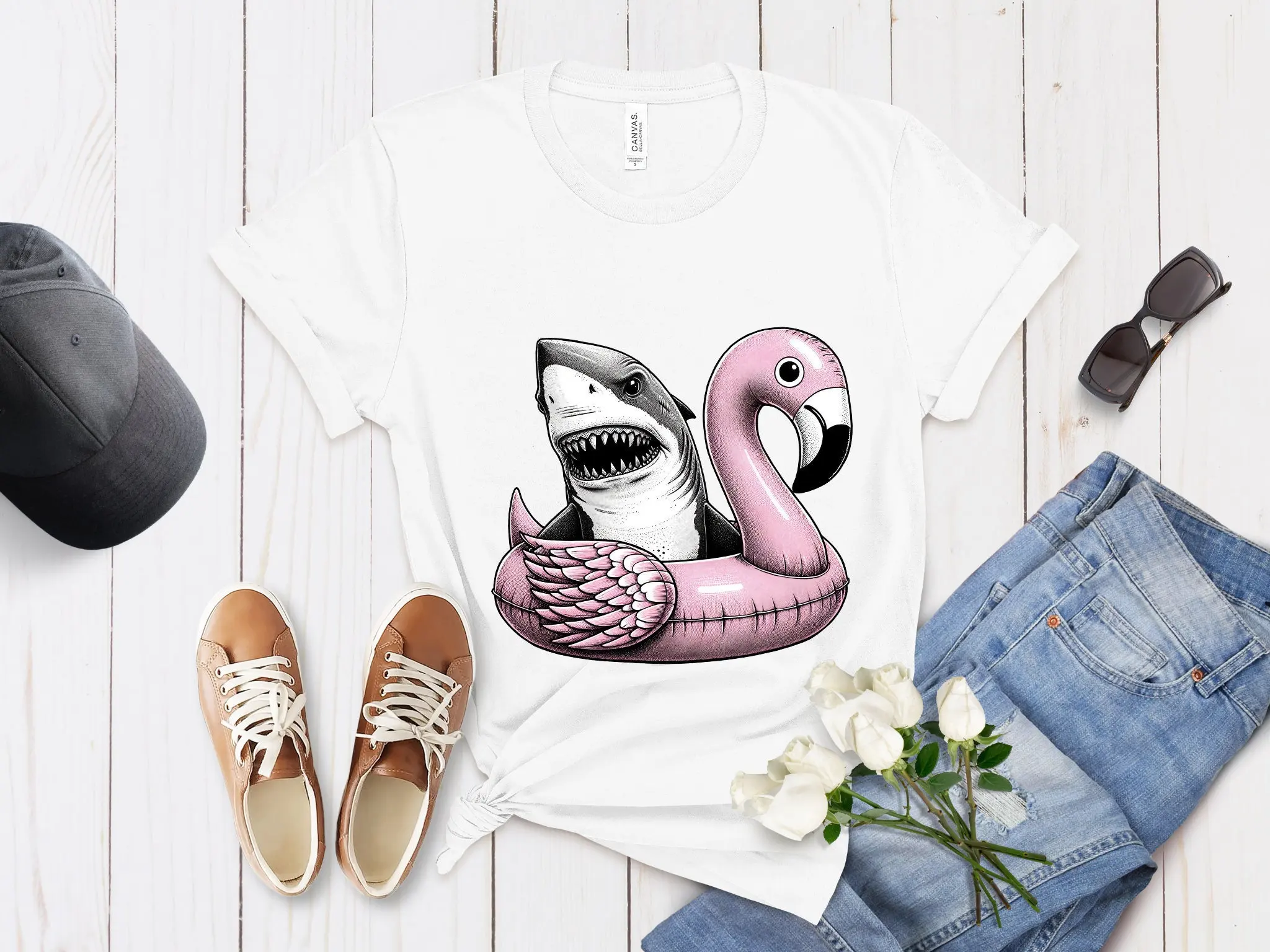 Shark in Flamingo Float T Shirt Pink Fierce Top Quirky Summer Beachwear Unique Pool Party Idea Fun