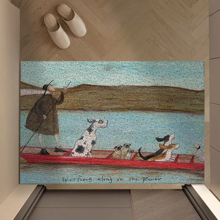 Vintage Folk Art Dog Boat Print PVC Coil Doormat Non‑Slip Easy Clean Dirt Trapping Front Door Mat Entrance Rug Home Decor