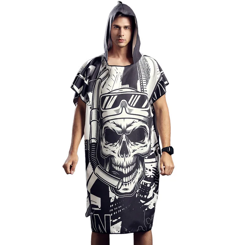 Quick-Dry Skeleton Hooded Bath Towel Poncho for Men And Women Wearable Changing Robe Beach Towel Outdoor Swimming Diving Cloak