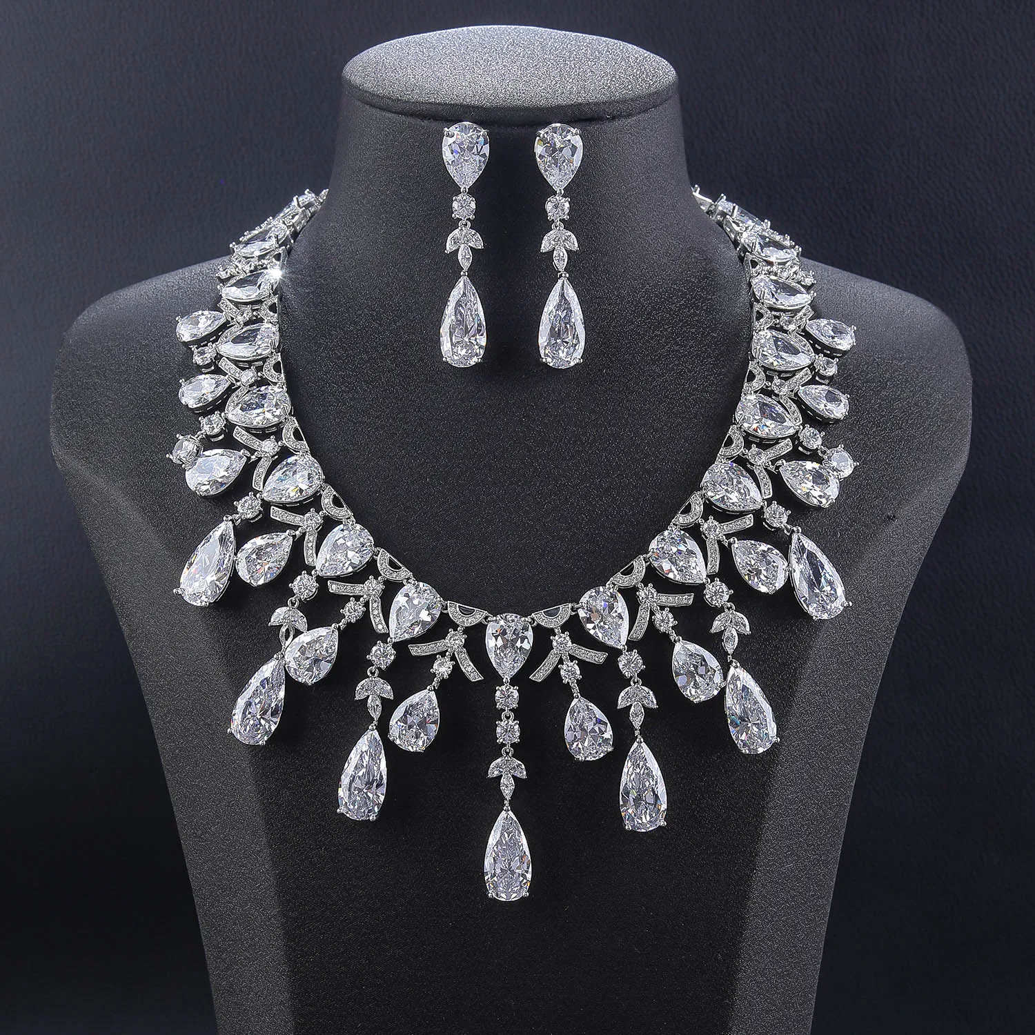 Dubai Luxury Bridal Jewelry Water Drop Cubic Zirconia  Necklace Earring Set Women Wedding Evening Party Costume Jewelry CN11889