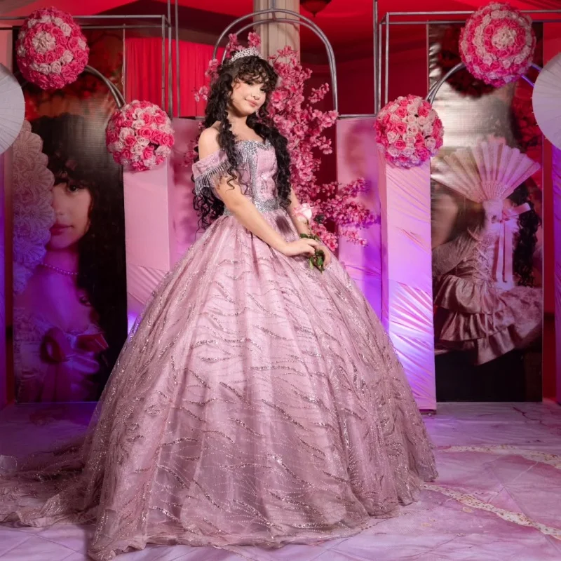 Shiny Pink Quinceanera Dress Sequins Crystal Decal Tull Layering Long Tail off-shoulder Vestidos De 15 Quinceanera Customize