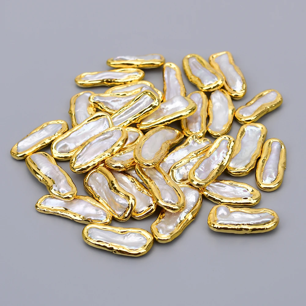 APDGG 10 Pcs 14x33mm Cultured White Biwa Pearl Gold Edged Spacer Beads For Jewelry Making DIY