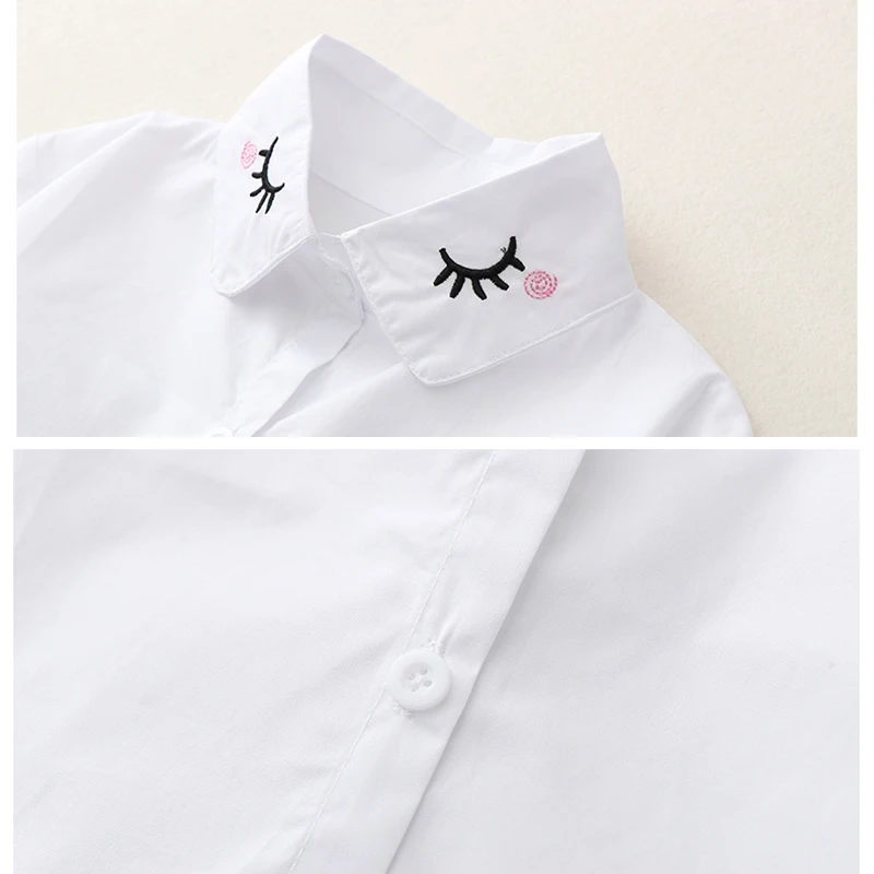 Spring Girls Students Shirts for Children School Uniforms Long Sleeve Teen Girls White Blouses Autumn Cat Embroidery Kids Tops