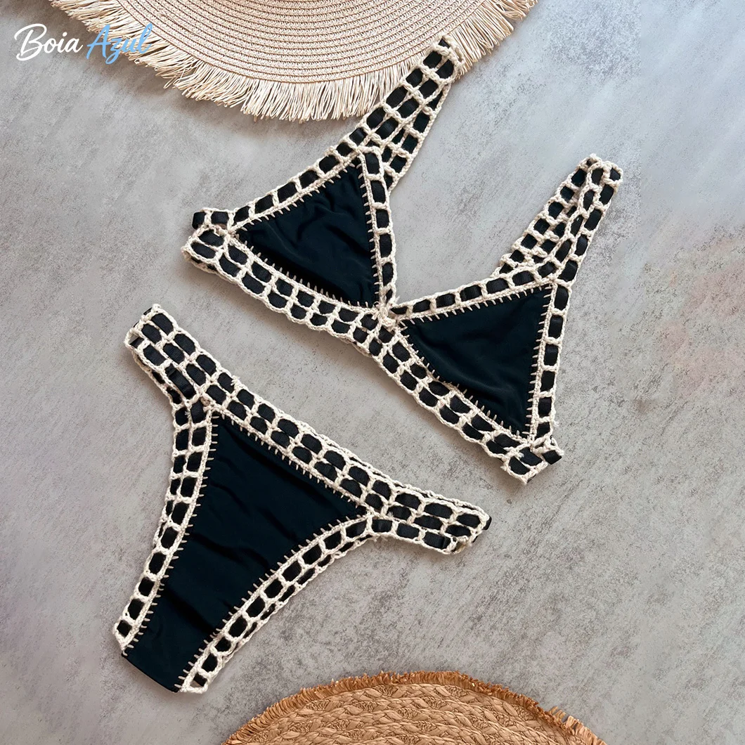 Contrasting color crochet-bound wide shoulder strap two-piece swimsuit multi-color triangle-cup bikini swimsuit