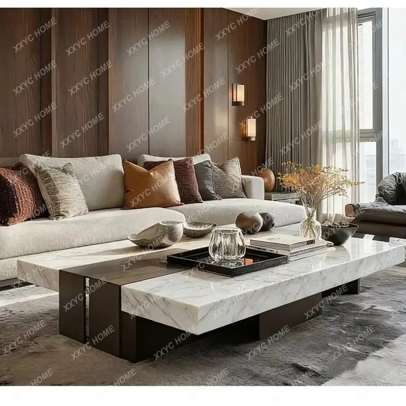 XXWhite Marble Center Table Wear Resistant Solid Stone Tea Table Luxury Style for Hotel Lobby Club Living Room Use