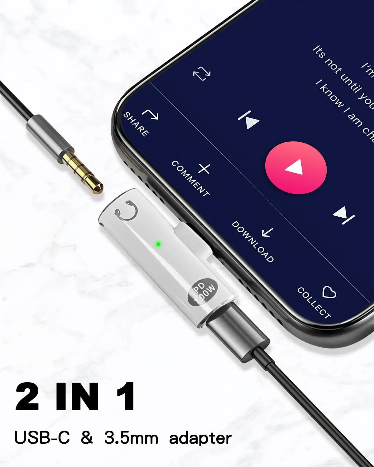 Adaptador de fones de ouvido 2 em 1 USBC e carregador USB C 100W PD, adaptador de fone de ouvido USB C de 90 graus com indicador de trabalho LED para iPhone