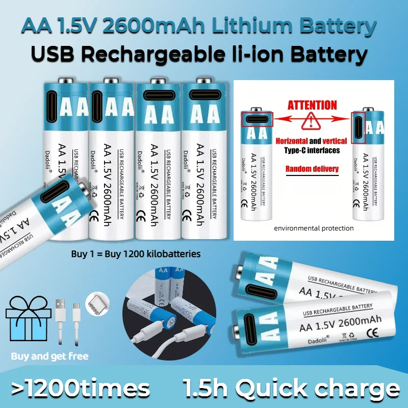 

AA Battery 1.5V AA 2600mAh USB rechargeable li-ion battery for remote control mouse small fan Electric toy battery + Cable