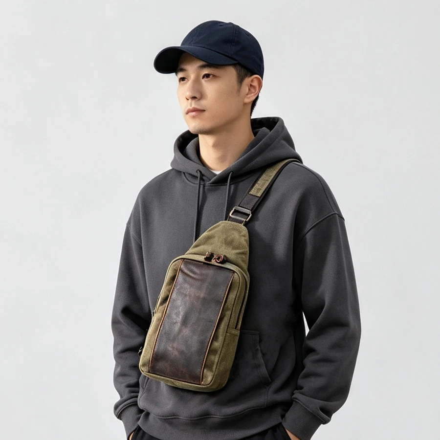 Retro Motorcycle Backpack Men's Casual Canvas Crossbody Bag Wax Dye Commuter Single Shoulder Bag Diagonal Sling Bag