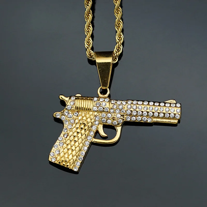 Hip Hop Bling Iced Out Titanium Steel Automatic Pistol Gun Pendants Necklaces for Men Rapper Jewelry Gold Color Drop Shipping