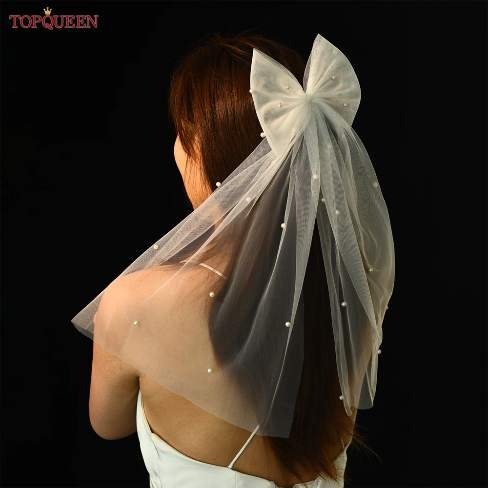 

TOPQUEEN V04a Short Veil Mini Veil For Bride Pearls Beaded Bridal Veil Short Wedding Bachelorette Party Communion Accessories