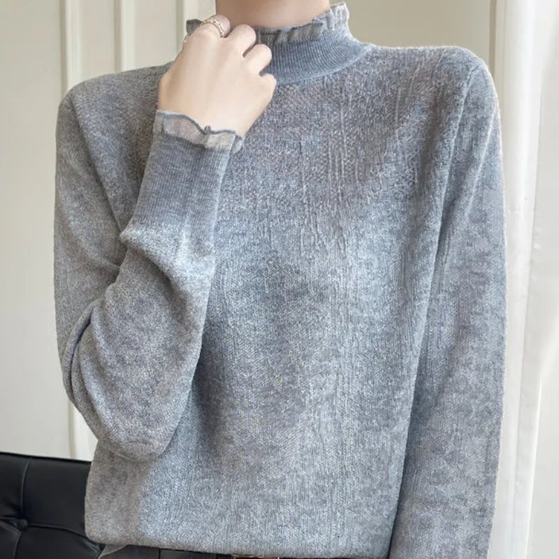 

Fashion Solid Color Retro Earrings Lace Hook Sweater New Base Shirt Loose Top Round Neck Long Sleeve Pullover