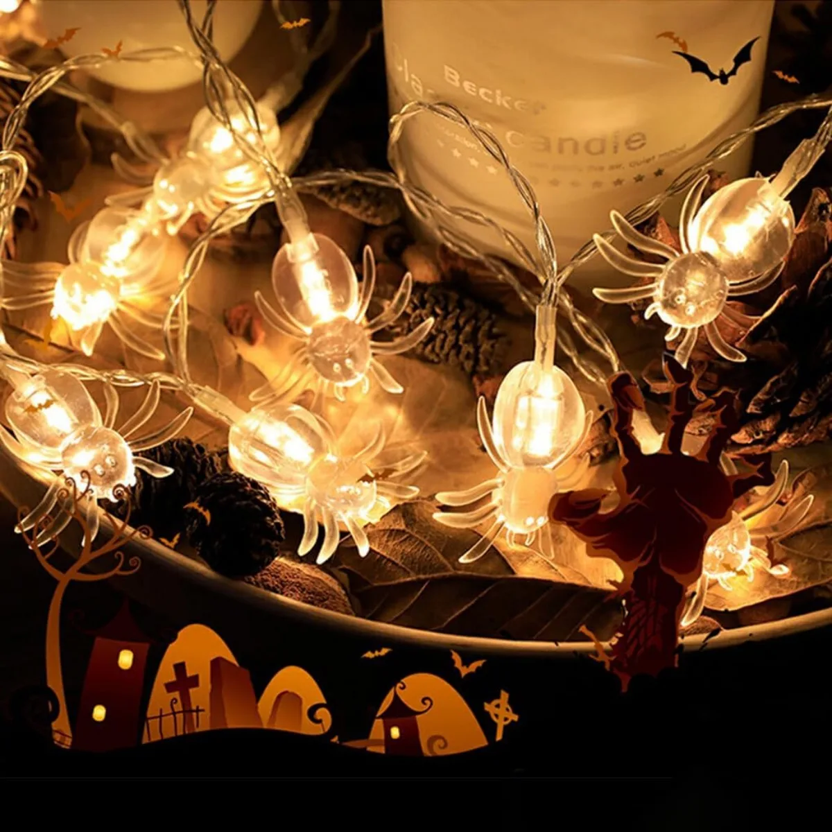 1pc Transparent Spider 20LED String Lights Battery Powered Outdoor Hanging Lights For Haunted House Window Halloween Decoration