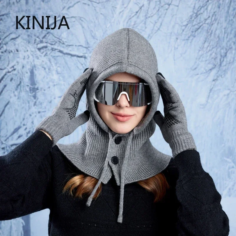 2pc Women Knitted Balaclava Hat Winter Warm Ear Protection Knitted Gloves Hat Set Women Shawl Hooded Hoodie Fake Collar