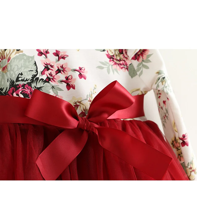 ชุดเด็กฤดูใบไม้ร่วงเด็กทารกดอกไม้พิมพ์ชุดเจ้าหญิงVestidosเด็กวัยหัดเดินเสื้อผ้าเด็กผู้หญิงสีแดงXmas Dresses