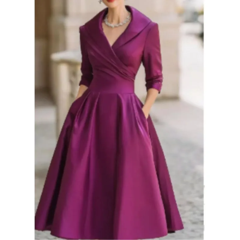 Robe d'invité de mariage élégante à la mode pour femmes, couleur unie, taille fine, revers, ligne a, robe de soirée, robes mi-longues pour Cocktail, 2025