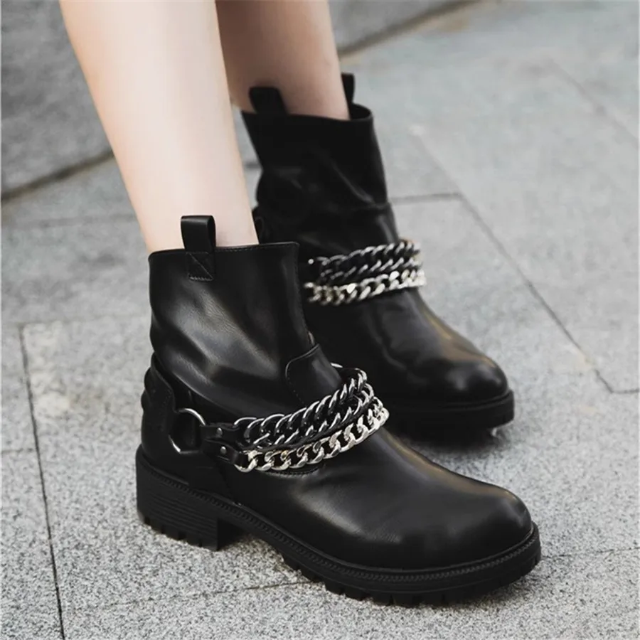 

Designer Chains Trend Boots Women 2024 Chunky Heel Slip-on Short Booties Cowboy Ankle Botas Mujer Autumn Platform Shoes