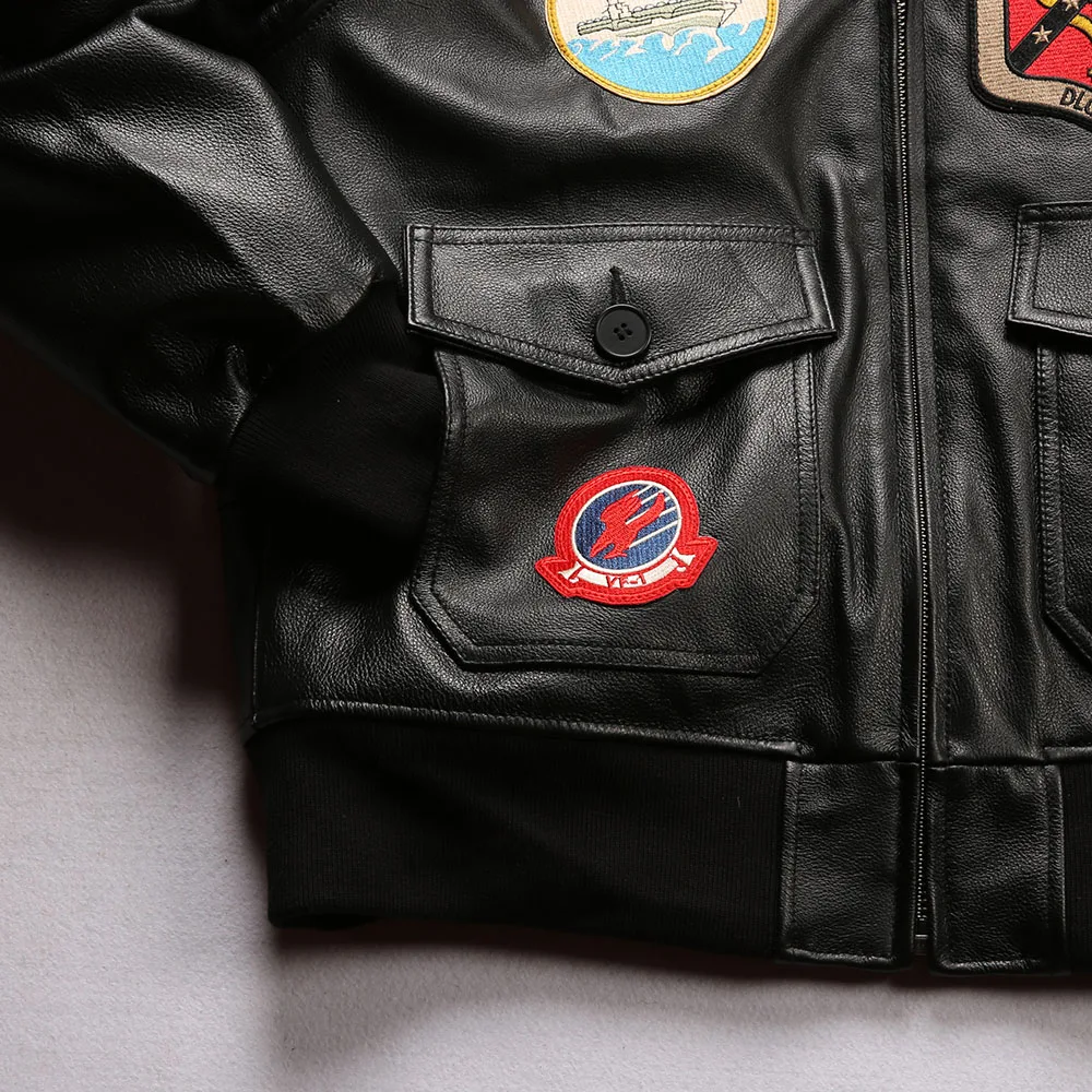 Top Gun G1 Bomber Jacken braun schwarz Stickerei Logo klassische Tom Cruise Motorrad Mantel Lamm kragen für Männer Kuhhaut Mantel – Detail 17