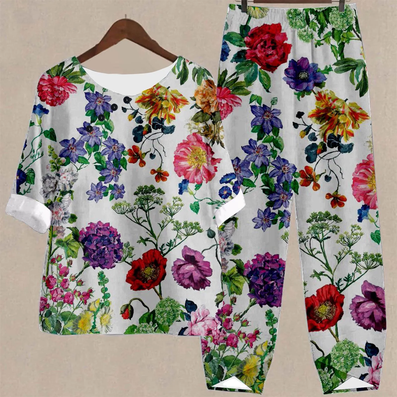 New Elegant Summer Casual 2 Piece Set Women O Neck Flower Print Loose T Shirt High Waist Loose Pants Suit Female Outfits 2023