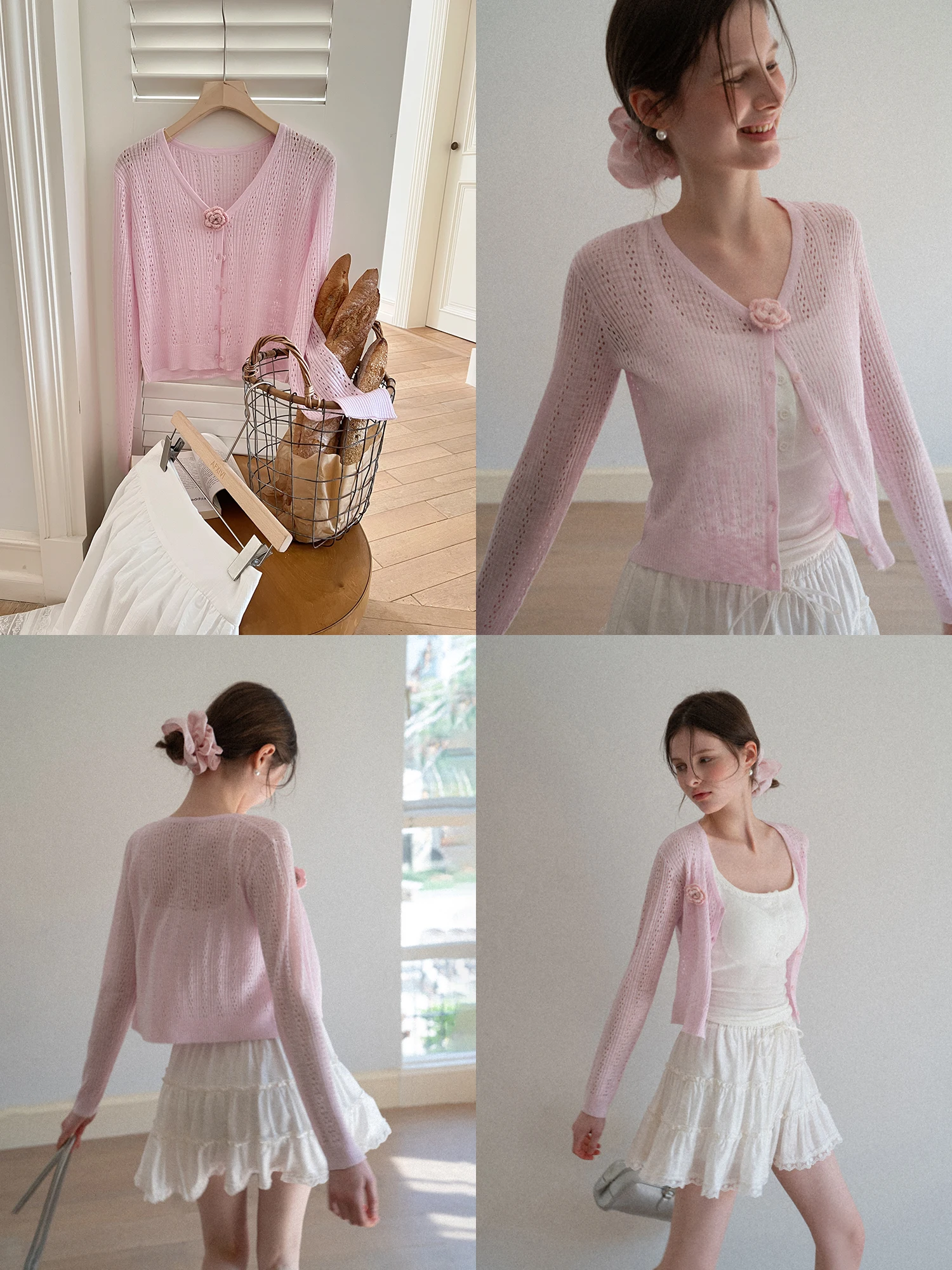 

Eggka Hollow out Knitted Sweater Women's Summer Short Sleeve Long Sleeve Top V Neck Button down Casual Style Fiber Blend
