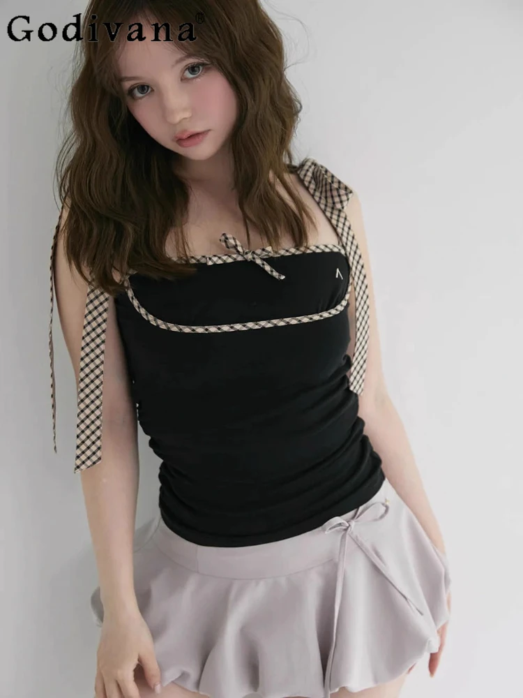 

Japanese Style Sweet Bow Lace-up Skinny Sleeveless Sling Top Amoi 2025 Sweet Girls Short Camis Women's Daily Basic Clothing