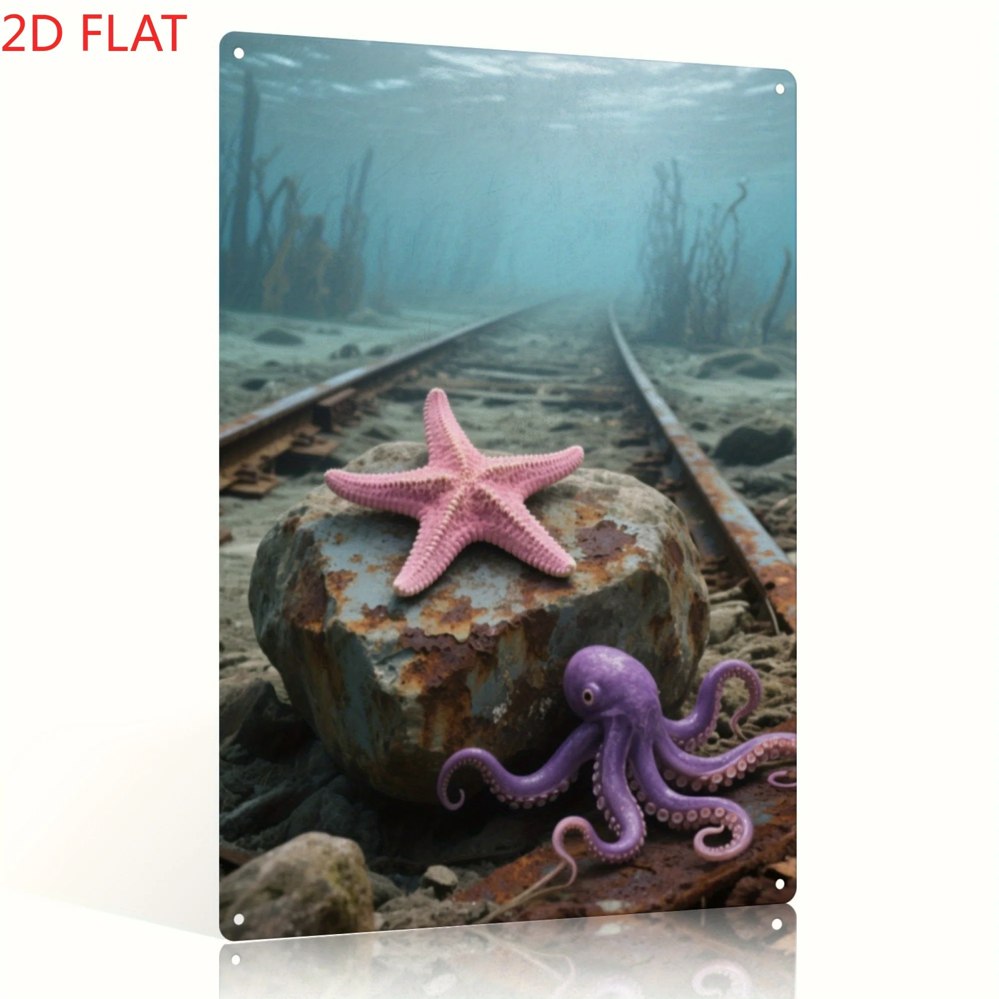 Retro Metal Iron Wall Art Sign - Underwater Theme with Starfish & Octopus Design, Vibrant Purple & Pink Colors - Durable Indoo