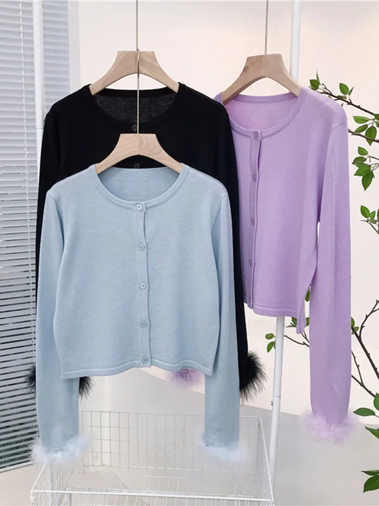 Brand New Chic Detachable Feather Long Sleeve Sweater Cardigan Short Black Fashion Coat Women Autumn Tops B-013