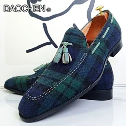 Mocassins de couro genuíno para homens, sapatos luxuosos, verdes, pretos, GINGHAM, TASSEL, camurça, sapatos formais para homens