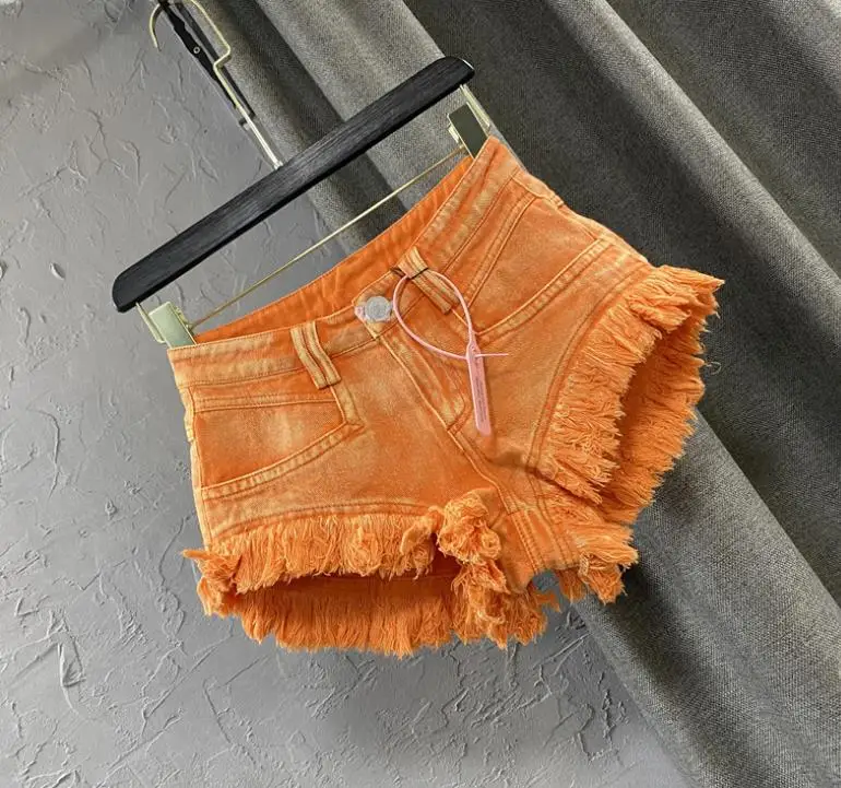 Orange tassel denim shorts women summer high waist shorts summer fringed edge wide leg A-line short pants