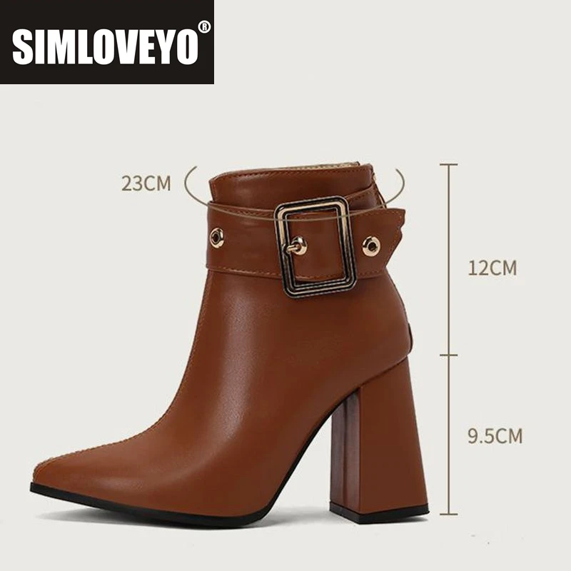 

SIMLOVEYO Зрелые женские ботильоны с острым носком на массивном высоком каблуке 9,5 см, застежка-молния, пряжка ремня, размер 48 49 50 US18 Office Lady Bota