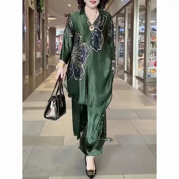 Verão moda feminina tamanho grande conjunto de duas peças 2024 feminino high-end sete pontos manga calça conjunto mãe de meia idade solto ajuste outfit