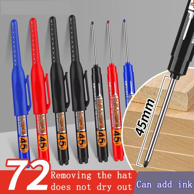 12Pcs Multi-Purpose 45mm Deep Drill Hole Long Nib Waterproof Marker Pens for Bathroom Woodworking Long Head Carpenter Pen White