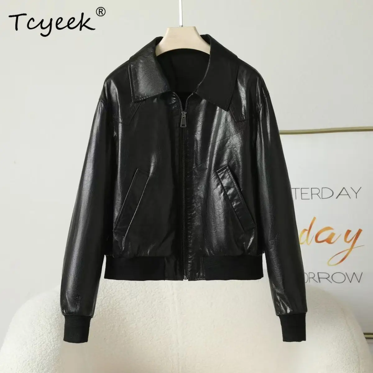 Tcyeek véritable peau De vache printemps automne à la mode revers couleur unie femmes veste en cuir véritable Jaqueta De Couro légitime Feminina