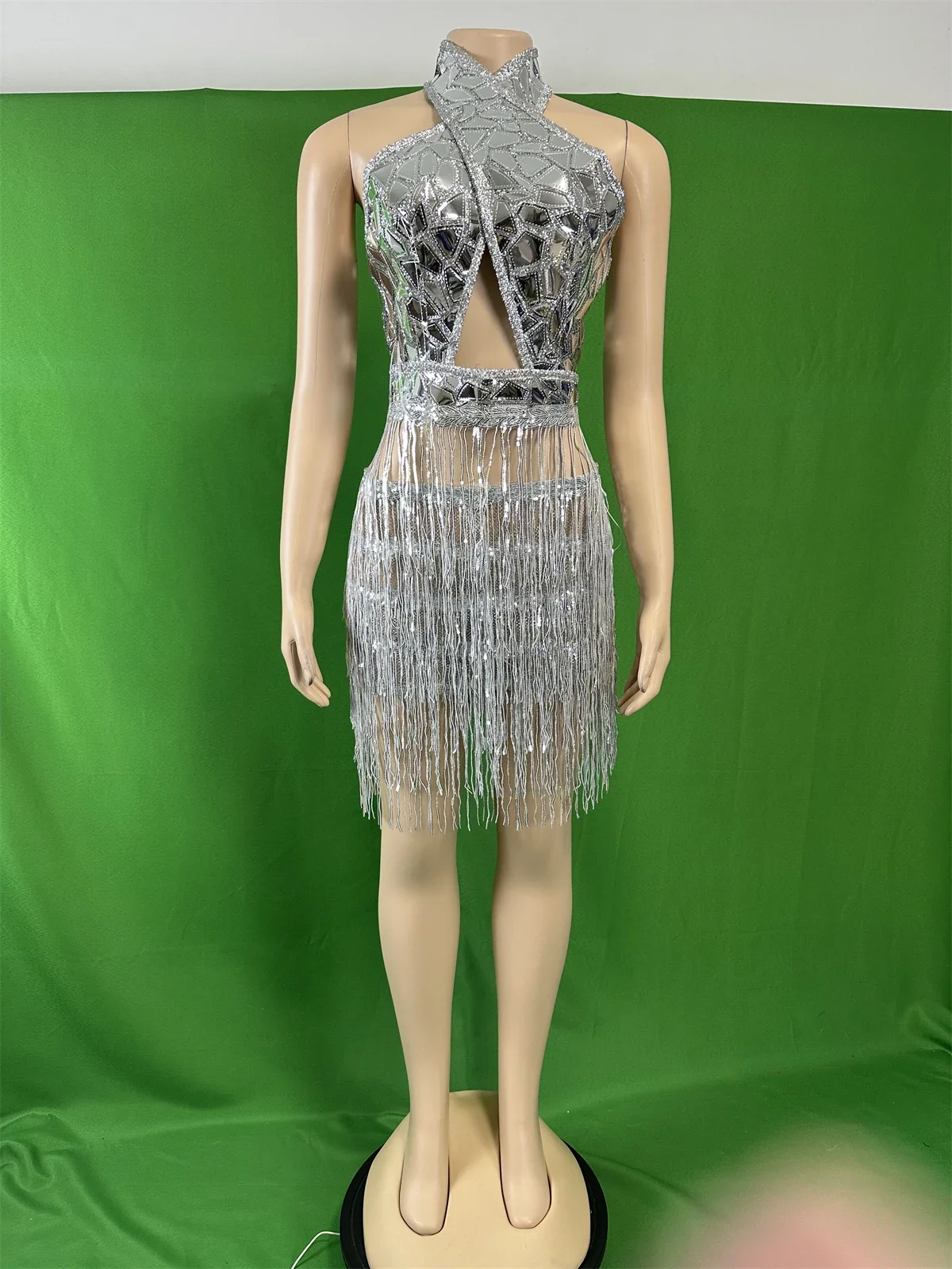 

Women Silver Mirror Sequins Night Clubbing Bling Dress Design DJ DS Gogo Fringe Sexy Singer Stage Shinning Outfit 2025 New Year