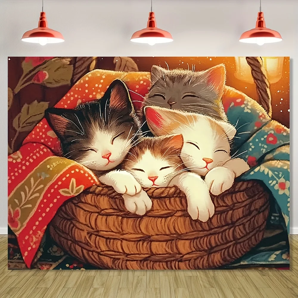 Cute Sleeping Kittens in Basket Warm Cozy Atmosphere Colorful Blankets Soft Lighting Adorable Cat Art Home Decor Wall Hanging