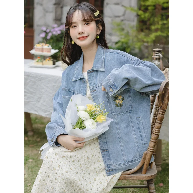 Moto Biker Women Cowboy Coats Jackets 2024 Spring Casual Short Embroidered Fresh Blue Jacket Top Loose Women's Clothing