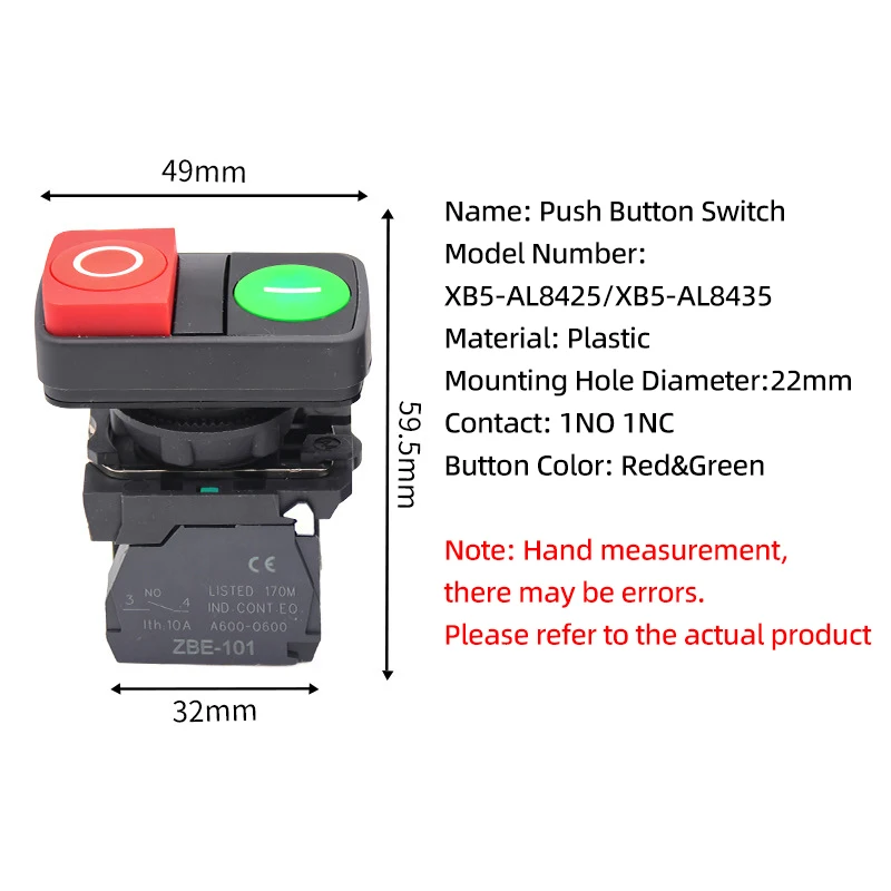 Interruttore a pulsante in plastica XB5-AL8425 Doppio collegamento Apertura 22 mm Rosso-verde Alimentazione Pulsante di avvio ON-OFF