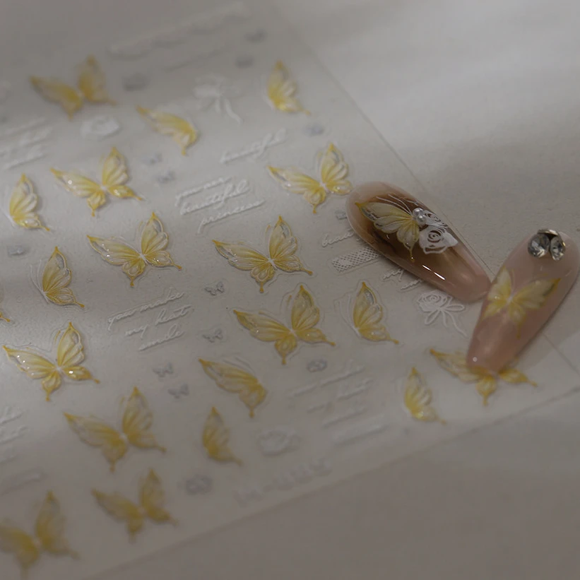 노란 나비 장미 꽃 레이스 점진적 날개 매력적인 로맨틱 젤리 동백 자기 접착제 네일 아트 스티커 매니큐어 데칼