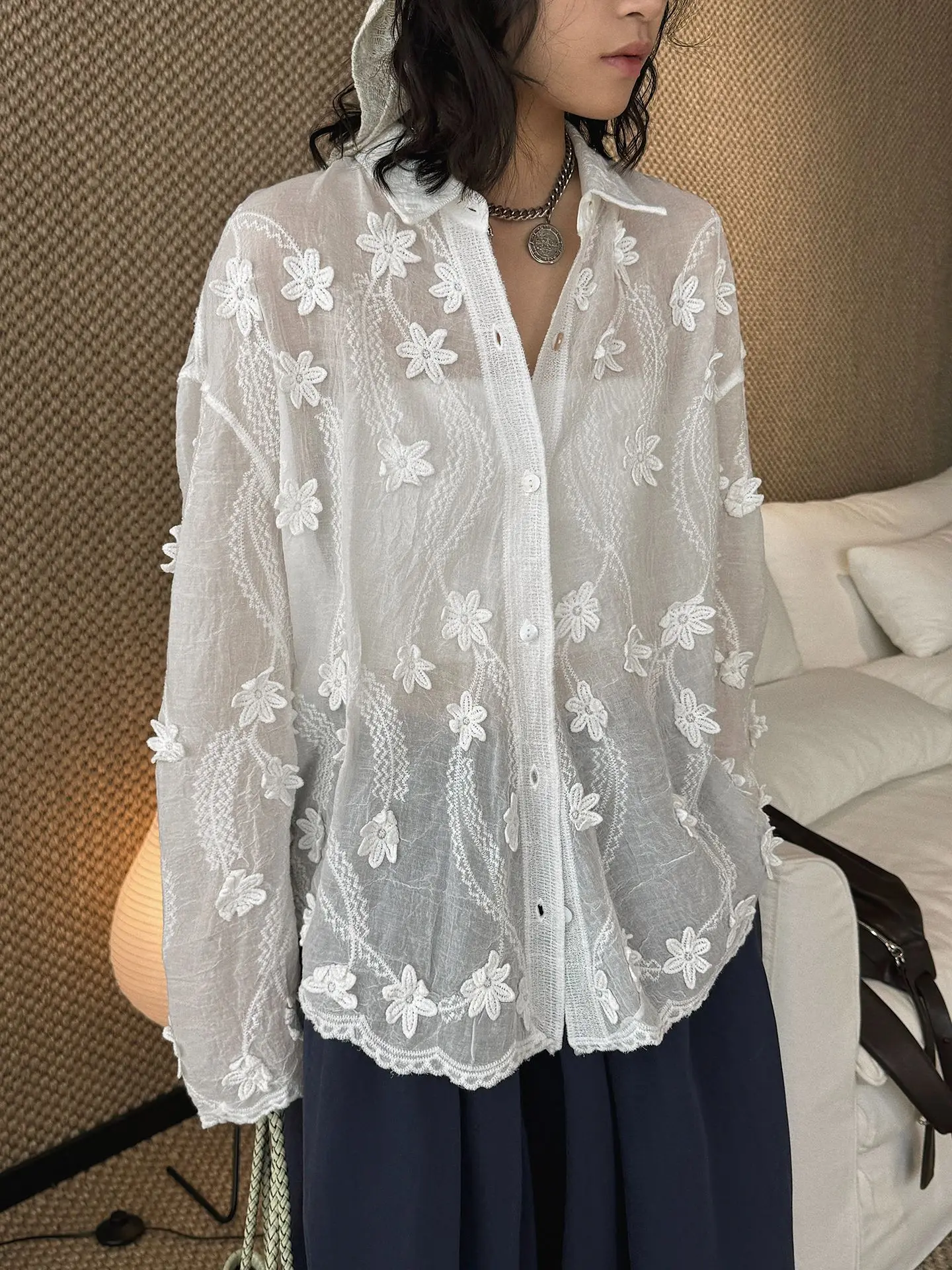 

Women Cotton Blend Jacquard Blouses Thin See Through Deign Womens Flower Tops And Blouses Fashion Shirts Blusas Roupa Feminina