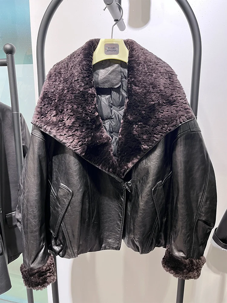 2025 المرأة الدافئة الطبيعية ميرينو الأغنام الفراء طوق معطف أوزة أسفل سترة حقيقية جلد الغنم سترة فضفاضة سترة منفوخة #4