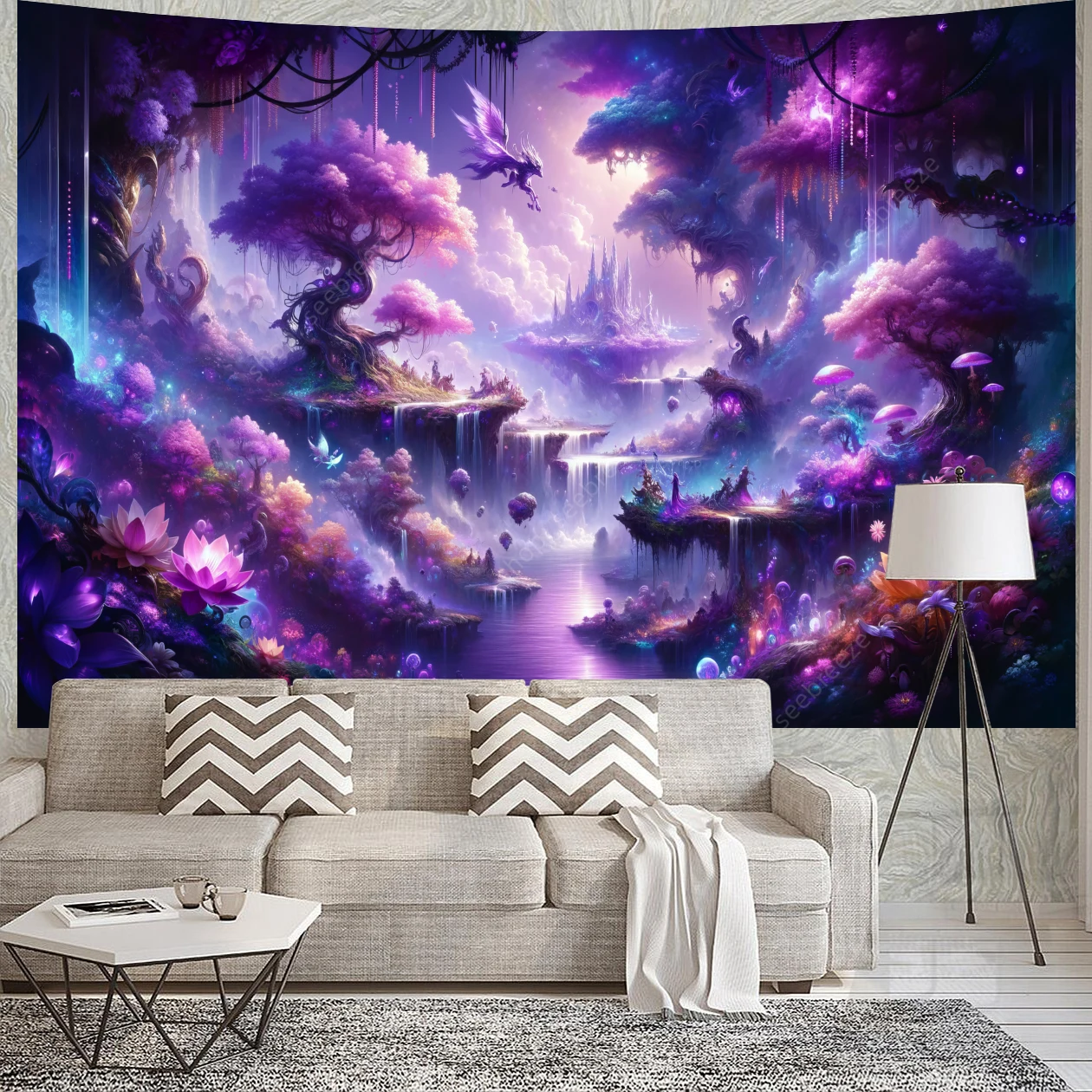 Enchanting Purple Fantasy Landscape UV Reactive Tapestry Psychedelic Art Mystic Kawaii Room Decor Mandala Yoga Mat Picnic Carpet