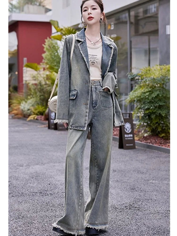 Denim Suits for Women Vintage 2024 Spring Autumn New Lapel Jacket + Wide-leg Trousers Fringe Fashion 2 Piece Set Female Clothes